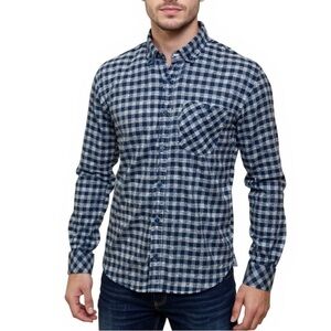 Tom Tailor Navy Gray Plaid Fitted Long Sleeve Button Down Shirt Size Medium